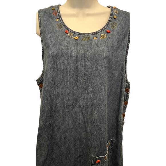 Vintage 90s Christopher & Banks M Denim Jean Midi Dress Embroidered Acorn Fall - Picture 2 of 5